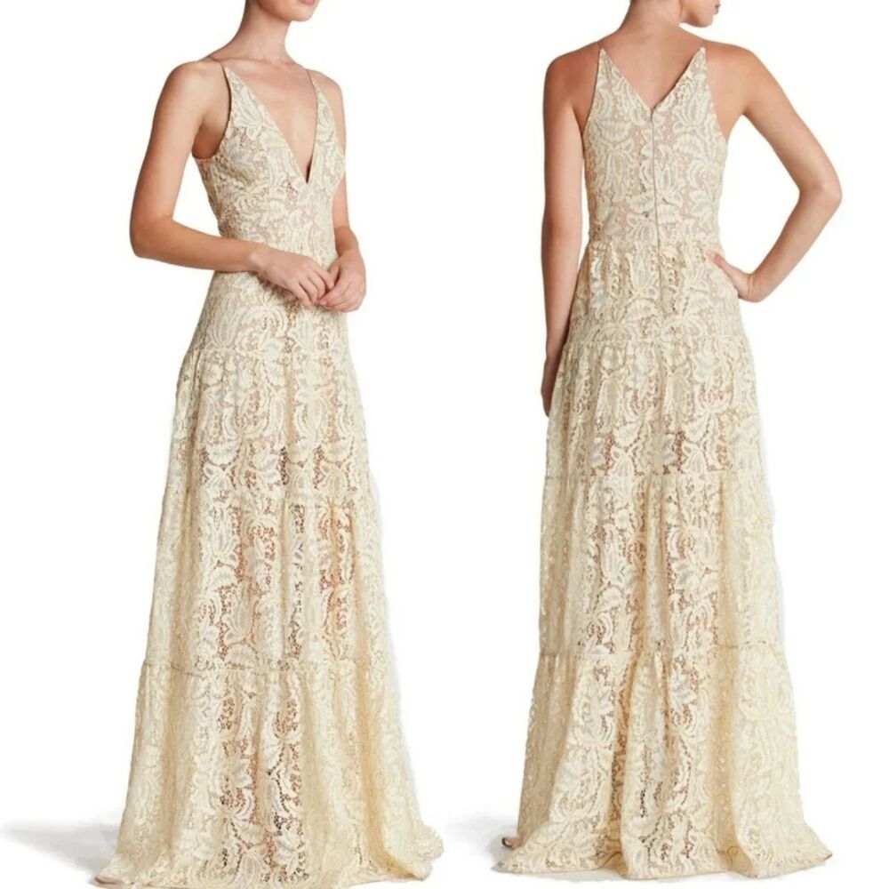 Dress The Population Melina Gold Ivory Lace Fit & Flare Maxi Gown Dress Sz XS